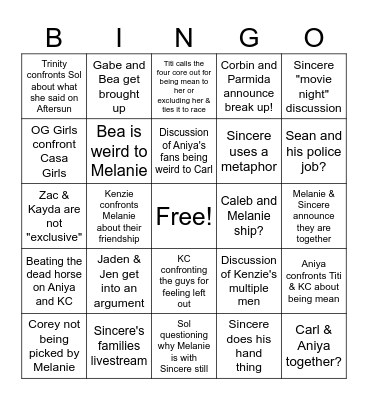 Love Island Reunion BINGO Card