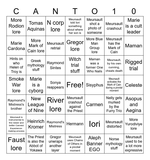 Canto 10 predictions Bingo Card