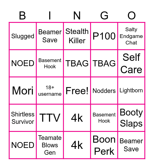 Dead By Daylight Bingo Card