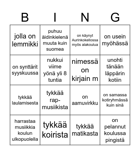 Etsi joku, joka... Bingo Card