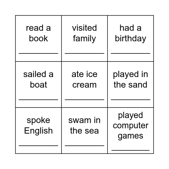 past summer bingo Card