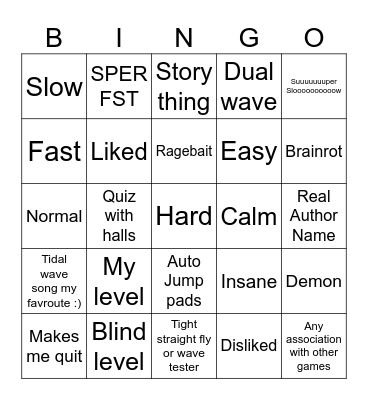Geometry dash Wave Bingo Card