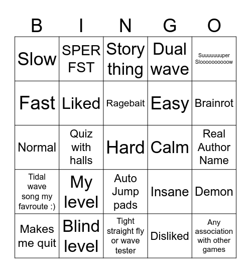 Geometry dash Wave Bingo Card