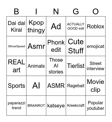 Yt shorts bingo Card