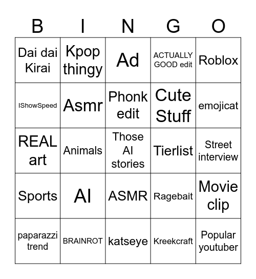 Yt shorts bingo Card
