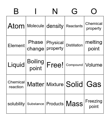 Matter Vocabulary Bingo Card