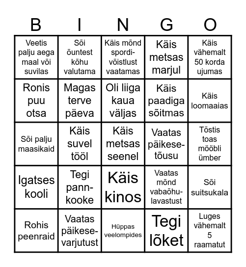 SUVEPUHKUS Bingo Card