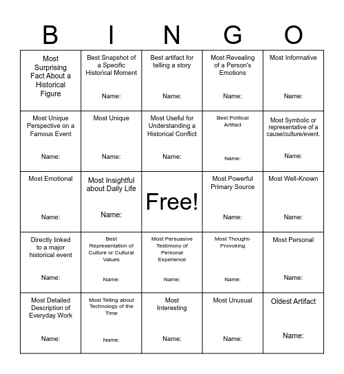 Family History Primary Source Bingo Card