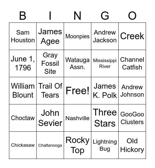 Tennessee History Bingo Card