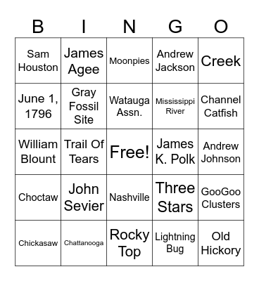 Tennessee History Bingo Card