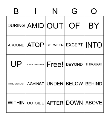 Prepositions Bingo Card