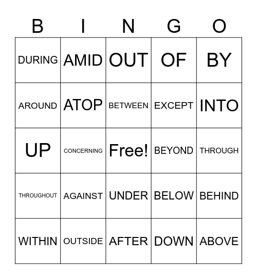 Prepositions Bingo Card
