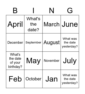 Months Bingo Card