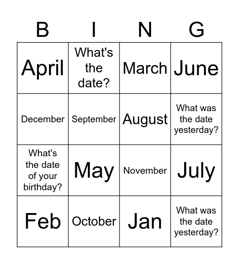 Months Bingo Card