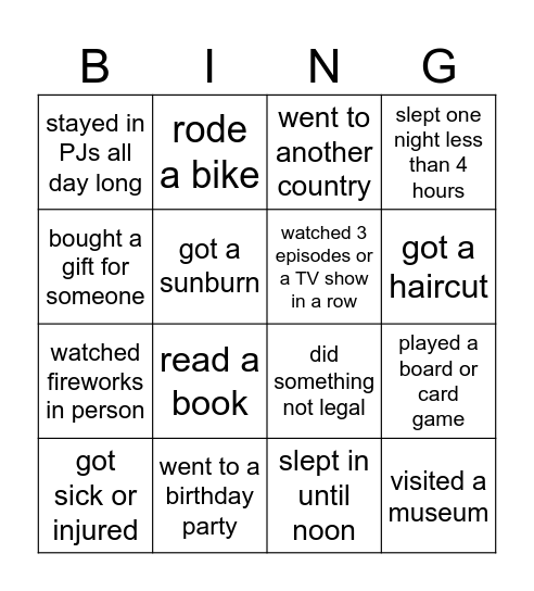 Summer Break Bingo Card
