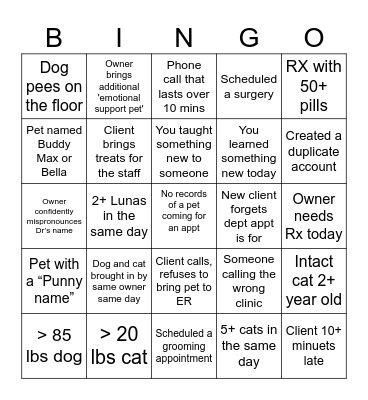 Veterinary CSR Bingo Card
