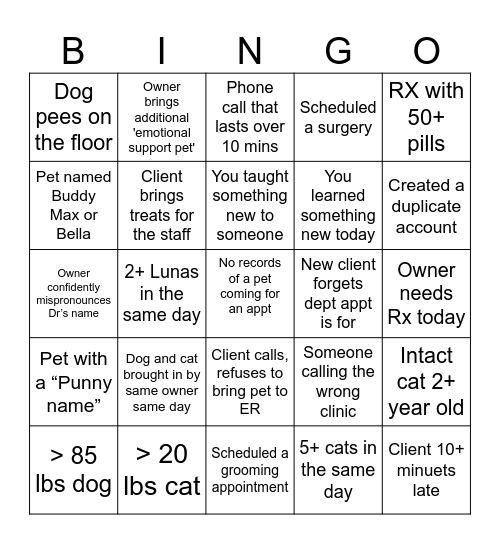 Veterinary CSR Bingo Card