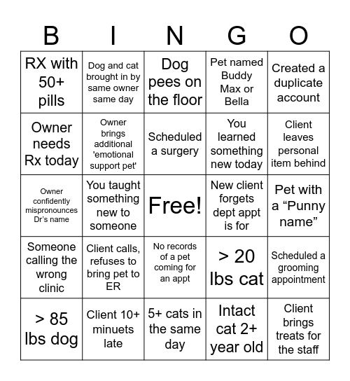 Veterinary CSR Bingo Card