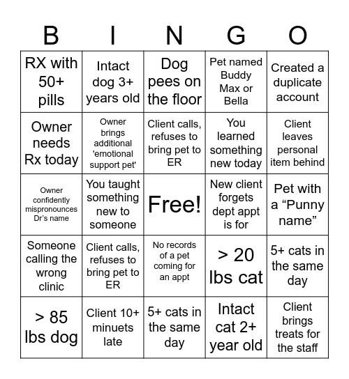 Veterinary CSR Bingo Card