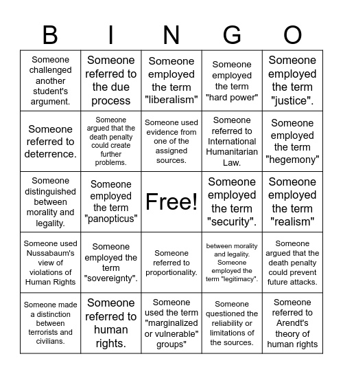 Debate on Israel's Terrorist Law Bingo Card