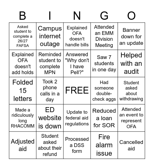 Financial Aid BINGO 26/27 Bingo Card
