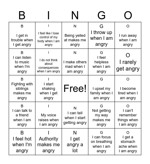 Am I Angry? Bingo Card