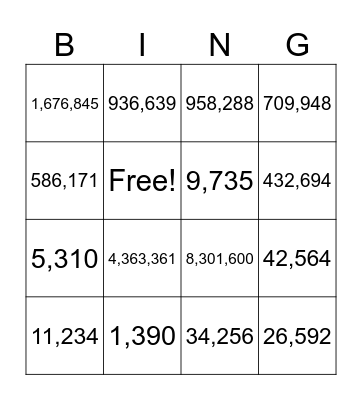 Place Value Bingo Card