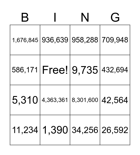 Place Value Bingo Card