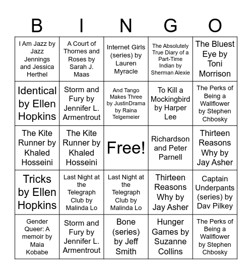 Banned Books Bingo Card