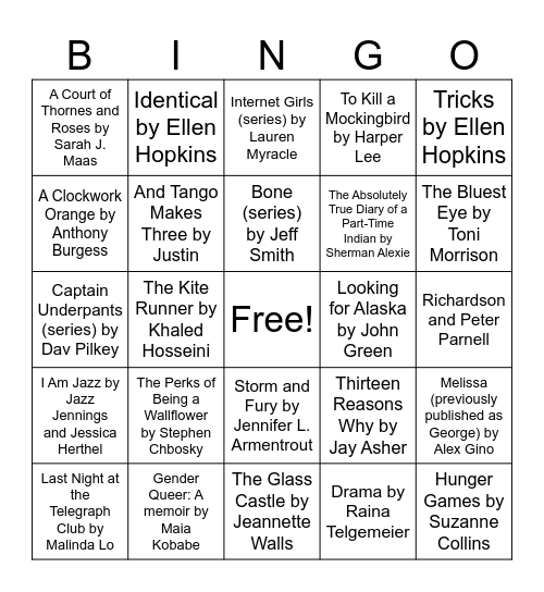 Banned Books Bingo Card