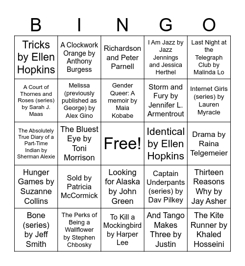 Banned Books Bingo Card