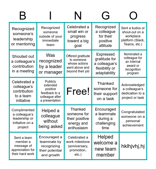Recognition Bingo Card