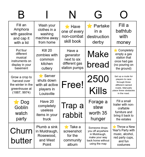 Project Zomboid BINGO Card