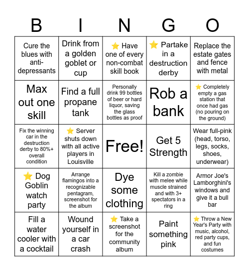 Project Zomboid BINGO Card
