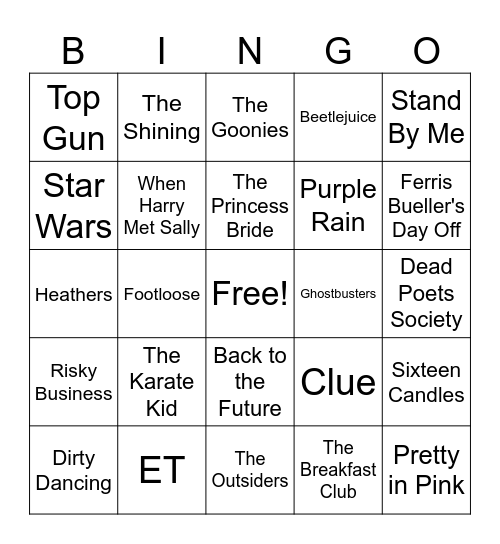 80s Movies Bingo Card