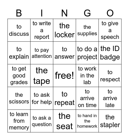 School Rules Bingo Card