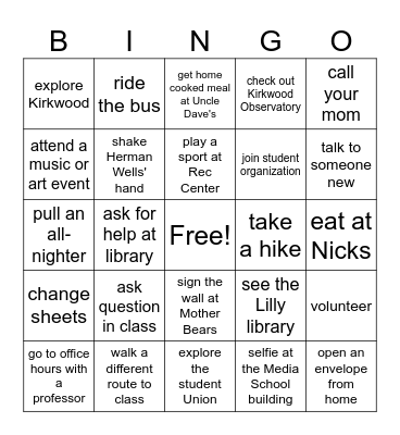 IU Freshman Bingo Card
