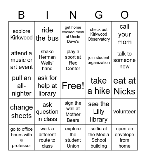 IU Freshman Bingo Card