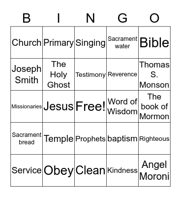 Family Home Evening Bingo Card