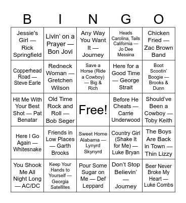 Barroom Bangers Bingo Card