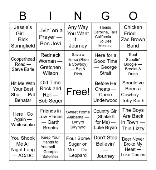 Barroom Bangers Bingo Card
