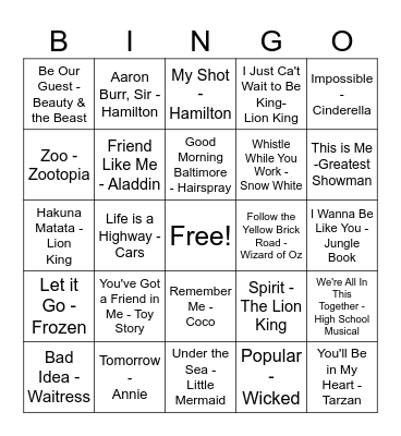 Broadway & Disney Bingo Card
