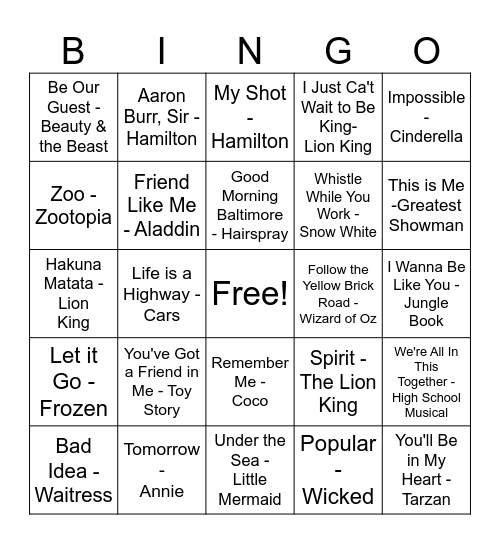 Broadway & Disney Bingo Card