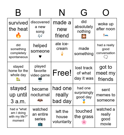 summer what? Bingo Card