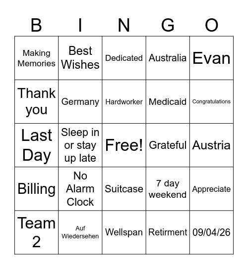 Retirement 083126 Bingo Card
