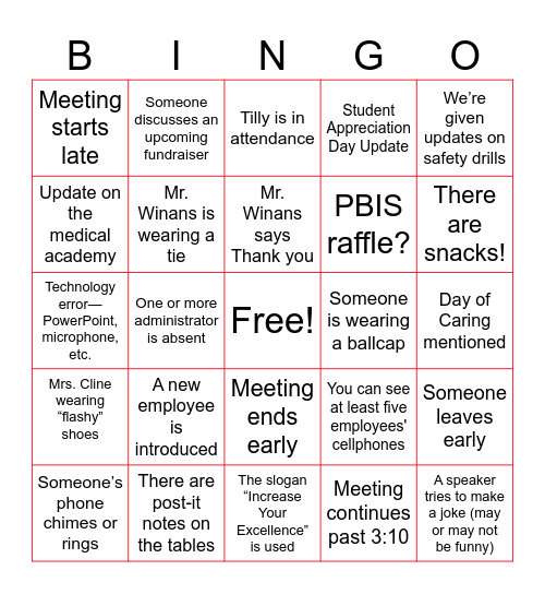 Staff Meeting Bingo Card