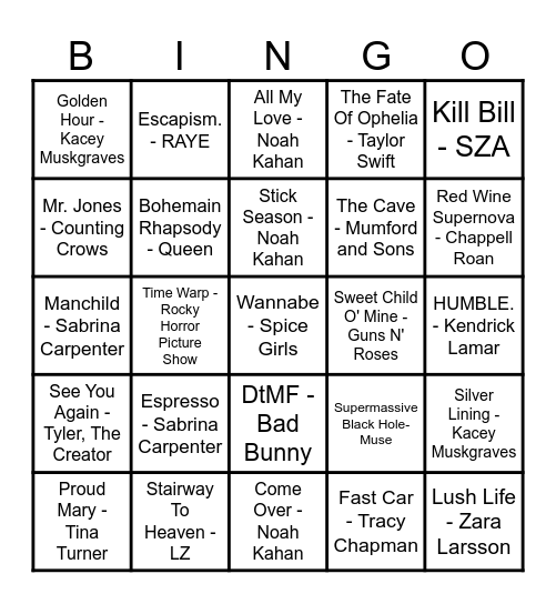 Rhodes Family Song BIngo Card