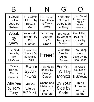 Love Songs Bingo Card