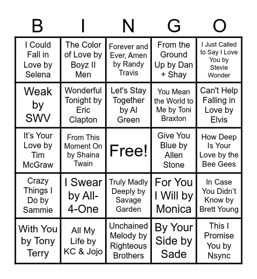 Love Songs Bingo Card
