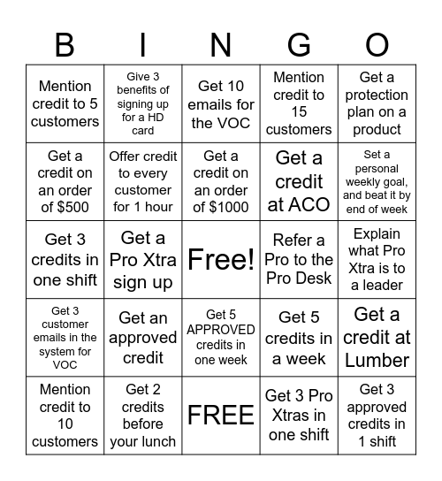 Credit Bingo Card